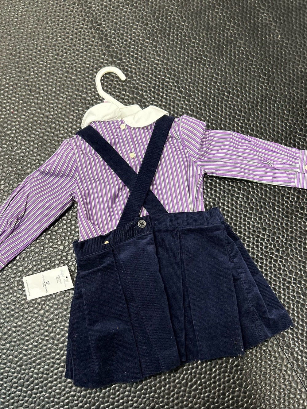 Ralph Lauren Navy Corduroy Pinafore Dress with Purple Striped Shirt 9 Months - Picture 3 of 4